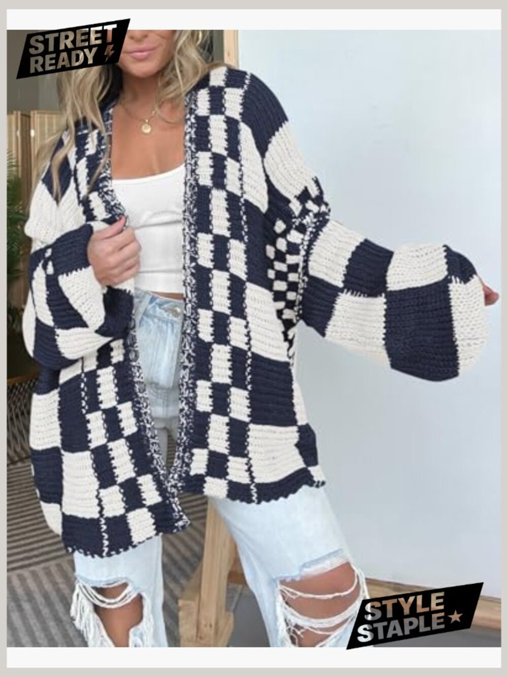 Casual Open Front Chunky Knit Cardigan Sweater Long Sleeve Checkered - Picture 3 of 7